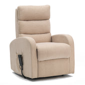 Brown fabric riser recliner with three-pillow back, wide arms and corded remote control, single motor design, front view.