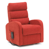 Brown fabric riser recliner with three pillow back and remote pocket on the side, white background, front view.