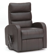 Brown single motor PU riser recliner with three padded cushions, waterfall back, and side remote control, front angle.