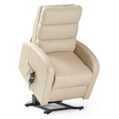 Brown single motor riser recliner with three-pillow back, wide arms, side pocket and remote control, front angle view.