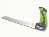 Easi-Grip bread knife with serrated blade and green and black ergonomic handle, side view.