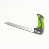 Easi-Grip bread knife with serrated blade and green and black ergonomic handle, side view.