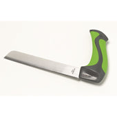 Carving knife with straight wide blade and black and green right-angled handle, side view.