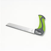 Carving knife with straight wide blade and black and green right-angled handle, side view.