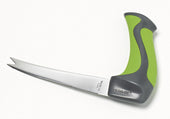 Curved serrated blade knife with green and black ergonomic handle, front view on white background.