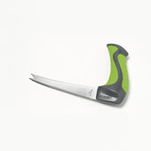 Curved serrated blade knife with green and black ergonomic handle, front view on white background.