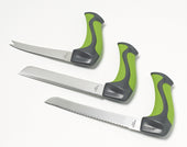 Set of 3 Easi-Grip knives with green and black handles on a white background, front view.