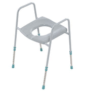 Height adjustable toilet aid with seat opening and four rubber-tipped legs, front view.