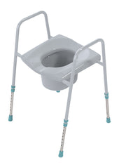 Portable grey commode chair with adjustable legs and armrests, seat closed, front view.