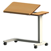 Beech NRS Easylift overbed table with tilt-top and metal adjustable frame, wheelchair base visible, side view.