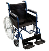 Grey self-propelled wheelchair with footrests, armrests, large wheels and folding frame, side view.