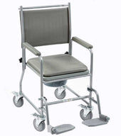 Wheeled commode with braked castors, padded seat, detachable armrests and footrests, shown from side view.