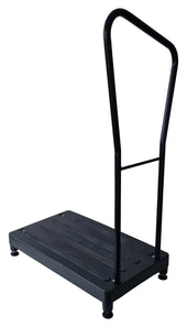 Black heavy-duty non-slip half step with one tall curved handle, front angle view.