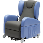 Blue and black dual motor riser recliner chair with wheels, side pocket, remote control and removable armrests, front angle view.