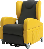 Yellow and black dual motor riser recliner chair with wheels, removable arms, armrest pocket and remote, front angle.