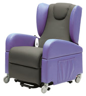 Purple and black dual motor riser recliner chair with castor wheels, side pocket, remote and removable armrests, front view.