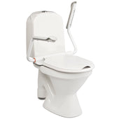 Etac Supporter Toilet Arm Supports with side arms for assistance, shown attached to a toilet, front view.