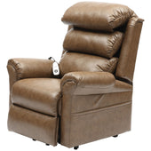 Light brown PU riser recliner chair with plush cushions and remote control on right armrest, front angle view.