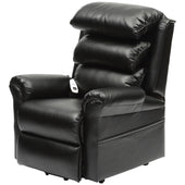 Light brown single motor PU wall hugging riser recliner chair with padded cushions and remote control, front view.