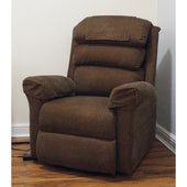 Aidapt Ecclesfield mink riser recliner chair on wooden floor near white wall, corner setting, front angle.