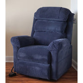 Aidapt Ecclesfield single motor wall hugging riser recliner chair in blue on wooden floor, light wall background, front angle.