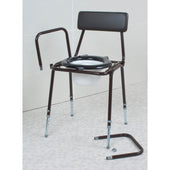 Adjustable height commode with removable arms on a tiled bathroom floor, front angle.