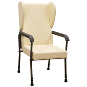 Cream high back chair with armrests, metal legs, cushioned lumbar support and winged sides, front angle view.