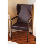 Aidapt Chelsfield High Back Chair in dark brown with lumbar support, height adjustable, on wooden floor next to white table and lamp, front angle.