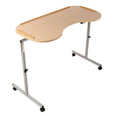 Adjustable curved overchair table with light wood finish, metal wheeled legs and back and side wooden stops, angled view.