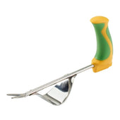Garden weeder with angled handle and metal prongs, designed for comfortable use, side view.