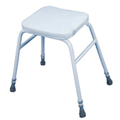 White square height-adjustable metal perching stool with four legs and rubber tips, front view.