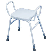 White metal perching stool with arms, adjustable legs and rubber feet for stability, front view.