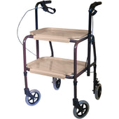 Height adjustable kitchen trolley with four wheels, two beige trays, and hand brakes, shown from the side.