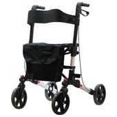 Grey Aidapt Deluxe Fold Flat Rollator with seat, backrest, storage pouch and brakes, pictured from the side.