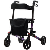 Grey Aidapt deluxe fold flat rollator with four wheels, seat, backrest, storage pouch and easy-grip brakes, side view.