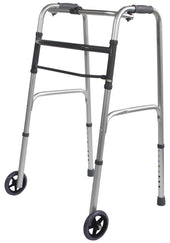 Aidapt folding walking frame with wheels, height adjustable and lightweight with rubber hand grips, front view.
