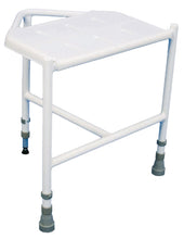 Aidapt Pembury corner shower stool with adjustable plastic seat, metal frame, non-slip feet and single side handrail, angled view.