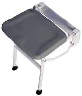 Compact padded shower seat with grey and white cushion, two metal legs, and wall-mounting bracket, front angle.