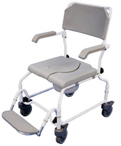 Adjustable height shower commode chair with armrests, contoured PU seat, footrest and wheels, side view.