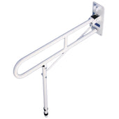 White wall-mounted foldable grab bar with height-adjustable leg, designed for toilet support, side view.