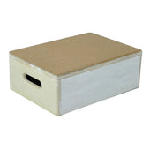 Cork bath step with white sides and side handle cutout, cork top surface, shown from a front angle.