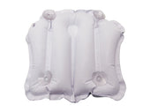 White inflatable bathing cushion with four suction cups, supports head and neck, shown in bath from top view.