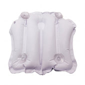 White inflatable bathing cushion with four suction cups, supports head and neck, shown in bath from top view.