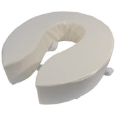 Foam padded raised toilet seat with open front and added height, cushioned for comfort, front angle view.