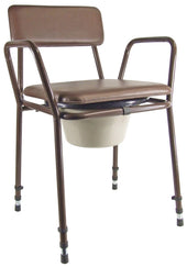 Brown Aidapt Essex height adjustable commode with padded seat, backrest, armrests, and removable bucket under seat, front angle view.