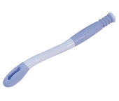 Blue and white bathroom bottom wiper with long handle, grip, and rounded end for hygiene, side view.