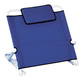 Adjustable blue bed back rest with white frame and blue pillow, designed for bedroom use, front angle.