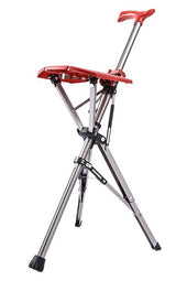Red Medequip Ta-Da foldable tripod chair with metal legs and red handle, designed for carrying and storage, side view.