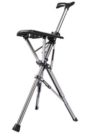 Black Medequip Ta-Da Chair, a portable tripod seat and walking stick with metal frame and rubber feet, side view.
