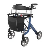 Blue Rehasense Space LX rollator with lightweight aluminium frame, seat, handlebars and front pouch, side view.